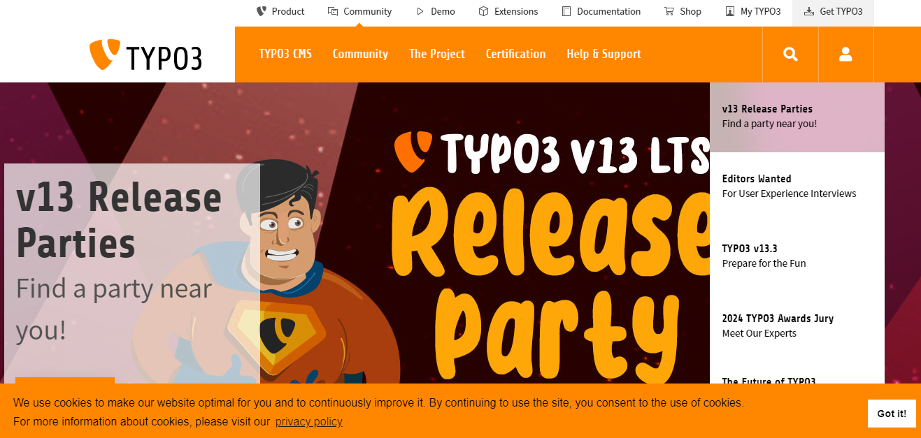 image of typo3 homepage